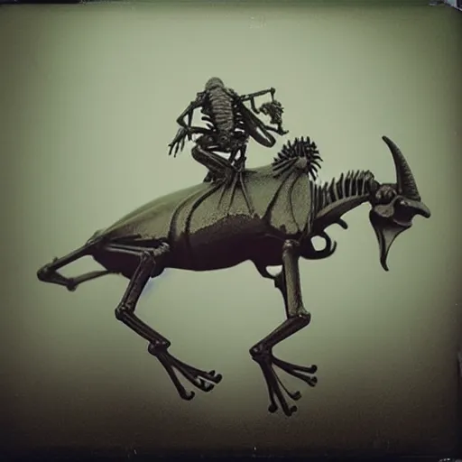 Image similar to frog horseman riding a translucent unicorn skeleton in a thick fog, polaroid photography in style of andrey tarkovski, ominous, mystical, sublime