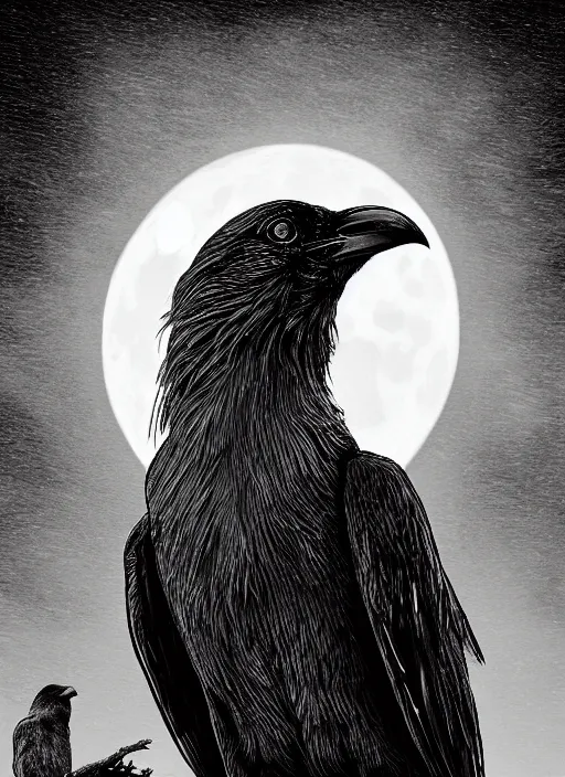 Image similar to portrait, A crow in front of the full big moon, book cover, red white and black colors, establishing shot, extremly high detail, foto realistic, cinematic lighting, pen and ink, intricate line drawings, by Yoshitaka Amano, Ruan Jia, Kentaro Miura, Artgerm, post processed, concept art, artstation, matte painting, style by eddie mendoza, raphael lacoste, alex ross