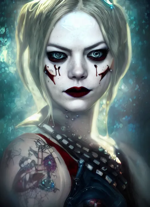 Image similar to underwater dark goth gothic steampunk portrait of emma stone as harley quinn, full moon, hyper detailed, digital art, cinematic lighting, studio quality, smooth render, unreal engine 5, octane rendered, art style by klimt and nixeu and ian sprigger and krenz cushart.