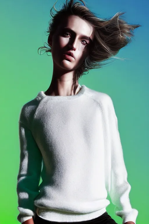 Image similar to stylish pullover for a rave bright colors, many details, photo for a magazine, photo for a store, fashion photography, Vogue, cinematic, hyper realism, high detail, 8k, very coherent symmetrical work, perfect face model, full length photo, Upper and lower body,Soft shadows on the face, white eyes, photographer style by Nik Night Erik Madigan Hec and Walter Chin and Camilla Akrans and Miles Aldridge