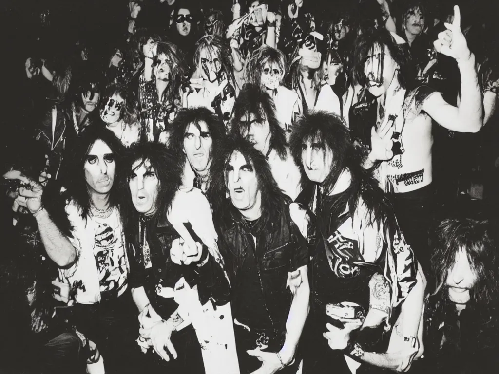 Image similar to 80s polaroid colour flash photograph of 80s Alice Cooper concert