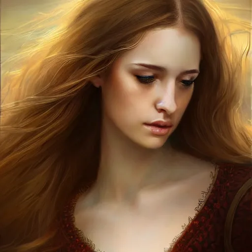 Image similar to a girl reading a book, hair flowing down, 8 k, hyperrealistic, hyperdetailed, fantasy portrait by laura sava