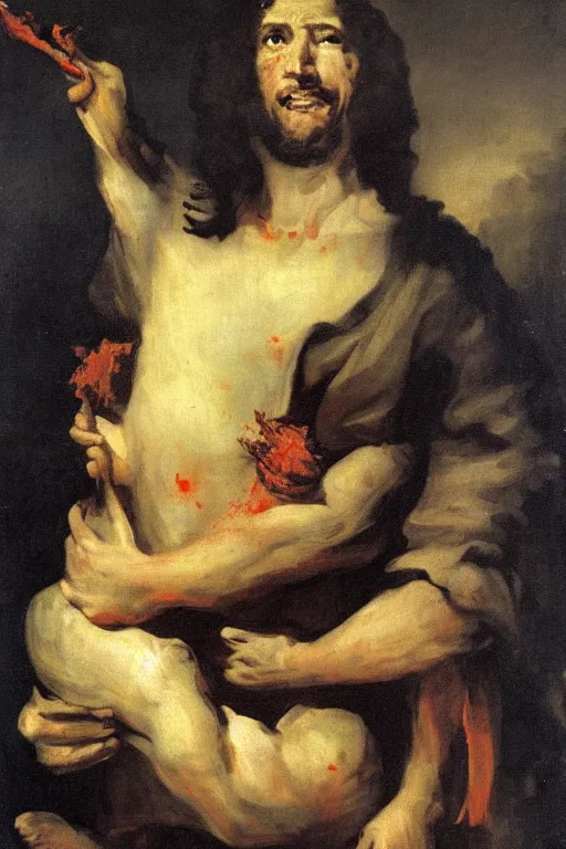 Image similar to francisco goya painting of an evil jesus christ holding corncopia with blood pouring, ominous, unsettling, visible paint strokes, hd image, visible paint texture