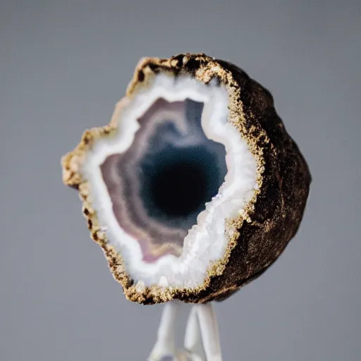 Image similar to photography of a geode with a a small body of an alien skellet inside it