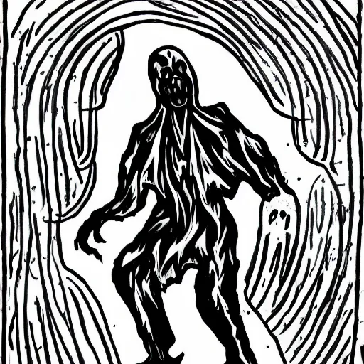 Image similar to line drawing of terrifying black ghost shadow shouting, scaring, horror, nightmare, panic, aggresive strokes