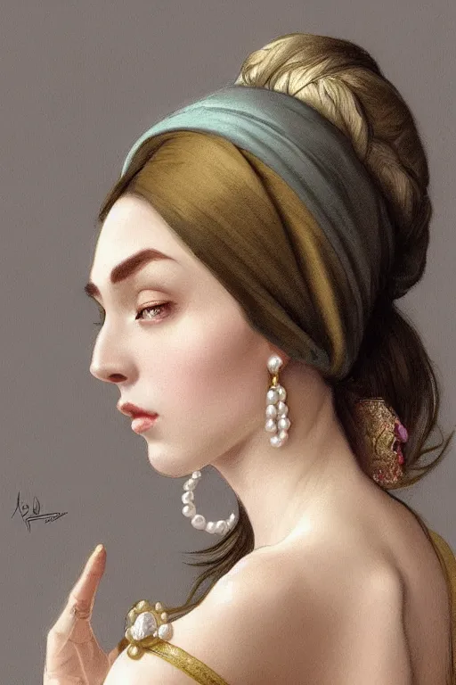 Prompt: pearl with a girl earring, intricate, elegant, highly detailed, digital painting, artstation, concept art, smooth, sharp focus, illustration, art by artgerm and greg rutkowski and alphonse mucha