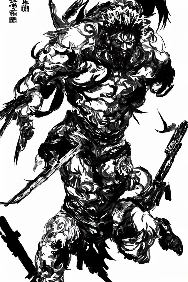 Prompt: a full - body portrait of guan yu, in yoji shinkawa's art style, metal gear solid art style, chinese caligraphy, highly detailed, 4 k, artistic, white background, b & w