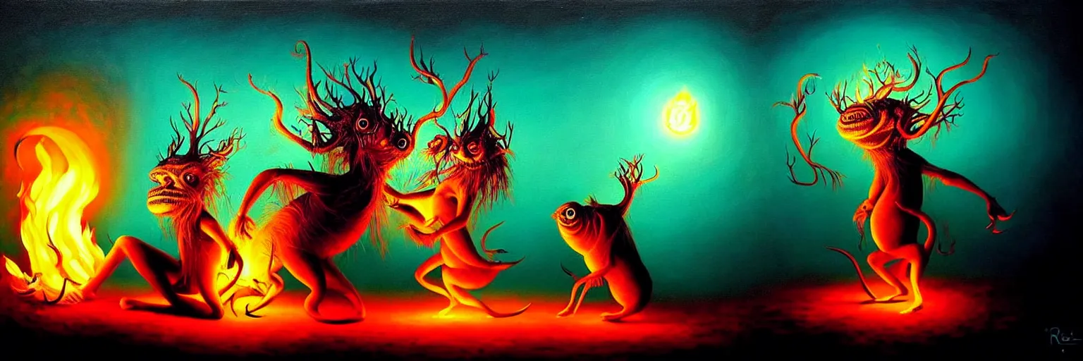 Image similar to whimsical creature freaks from the depths of the collective unconsciouis, dramatic lighting from fire glow, surreal darkly colorful painting by ronny khalil