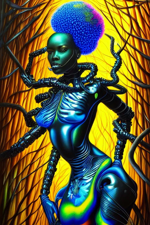 Prompt: hyperrealistic maximalist super expressive! black woman with exoskeleton armor, merging with tree in a forest, highly detailed digital painting masterpiece smooth cam de leon hannah yata dramatic pearlescent blue yellow light ground angle hd 8k sharp focus