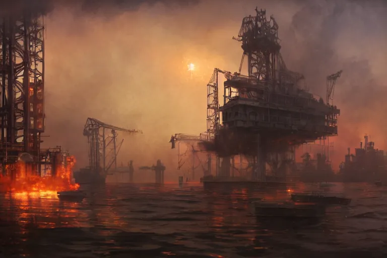 Image similar to a highly detailed matte painting of a soviet steampunk oil rig on fire at night by studio ghibli, makoto shinkai, by artgerm, by wlop, by greg rutkowski, volumetric lighting, octane render, 4 k resolution, trending on artstation, masterpiece
