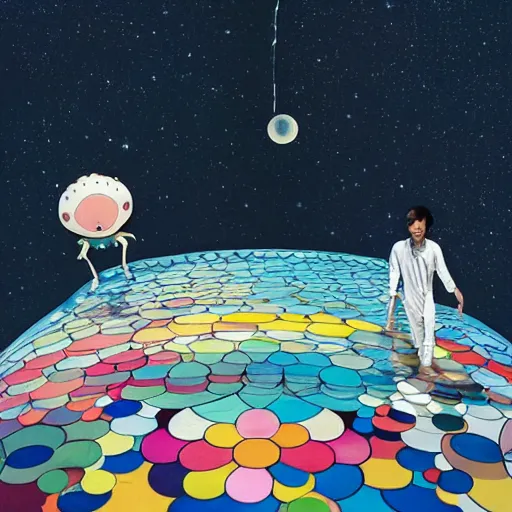 Image similar to a man walking on water under the stars by takashi murakami, beeple and james jean, aya takano color style, 4 k, super detailed