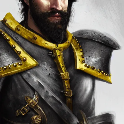 Image similar to Closeup of frustrated male medieval sergeant with a {short} beard wearing a {black!!!! and yellow tabard} over a steel breastplate and a black gambeson looking up from a map on a table, intricate, dramatic lighting illustration by Greg Rutkowski, {perfect face}, {perfect eyes}, ArtStation, digital art, fantasy