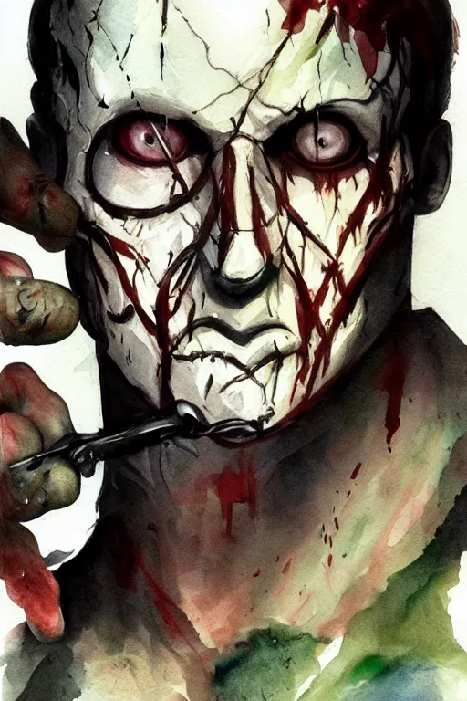 Prompt: beautiful clean water color painting of legion dbd, dead by daylight, portrait study by bernie wrightson, detailed, stunning, realistic