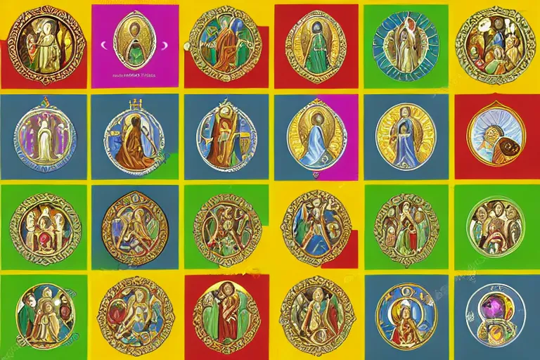 Image similar to illustration of design sheet of sets of various fantasy religion iconography mosaics with gemstones, prismatic colors, ornate gold patterns