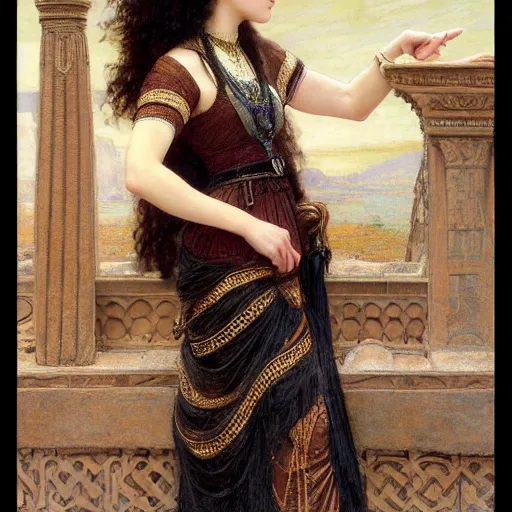 Prompt: orientalist portrait of a mesopotamian woman with thick black bangs and curls wearing an ornate dress standing inside sandstone ruins intricate artwork by john william waterhouse and Edwin Longsden Long and Theodore Ralli and Henryk Siemiradzki. trending on artstation, very coherent symmetrical artwork high detail 8k