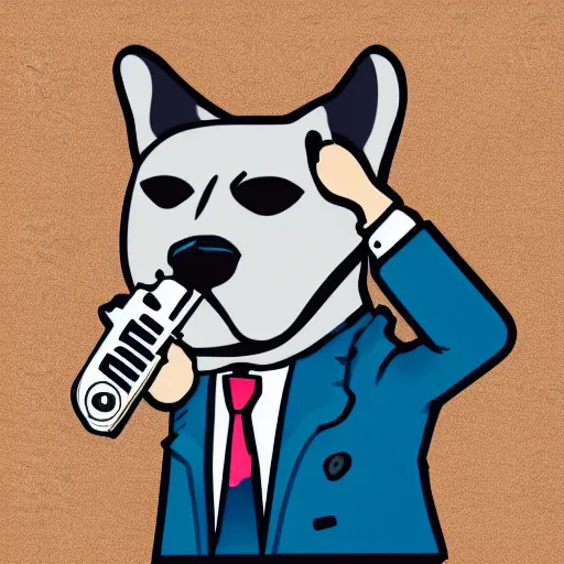 Prompt: a sticker illustration of a man with a dog head wearing a suit and holding a gun