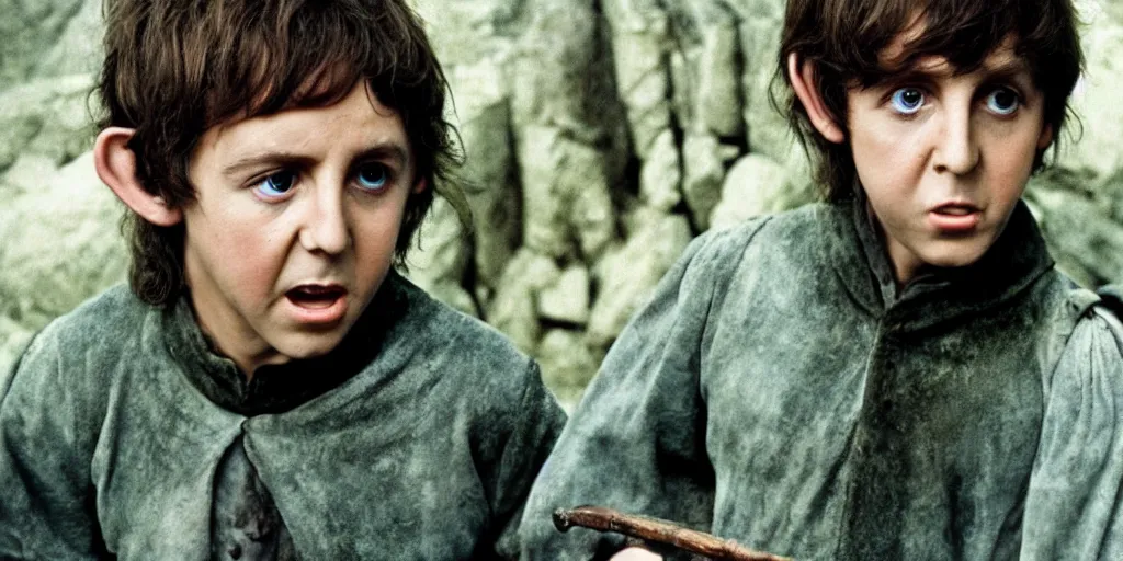 Image similar to A full color still of young Paul McCartney in Hobbit makeup and costume, in The Lord of the Rings directed by Stanley Kubrick,