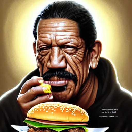 Prompt: portrait of Danny Trejo eating hamburgers, extra onions and ketchup, luscious patty with sesame seeds, ethereal, holy sacred light rays, handsome, D&D, fantasy, intricate, elegant, highly detailed, digital painting, artstation, concept art, matte, sharp focus, illustration, art by Artgerm and Greg Rutkowski and Alphonse Mucha