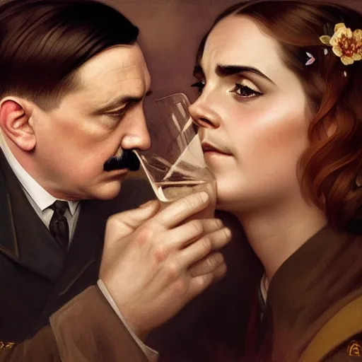 Prompt: Beautiful face Portrait of Adolf Hitler and Emma Watson drinking together, powerful , magic, thunders, dramatic lighting, intricate, wild, highly detailed, digital painting, artstation, concept art, smooth, sharp focus, illustration, art by artgerm and greg rutkowski and alphonse mucha, footage from space camera