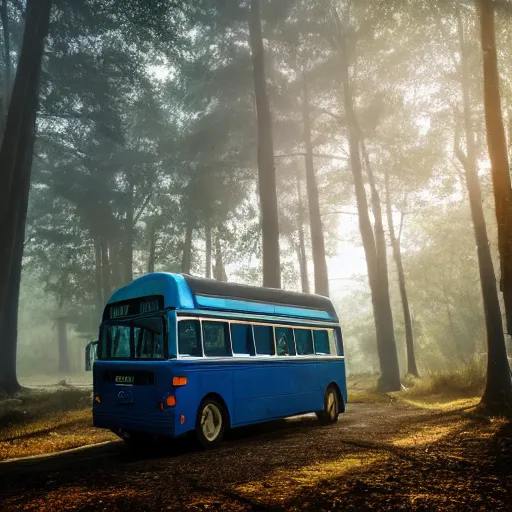 Prompt: blue bus in misty forest scene, the sun shining through the trees