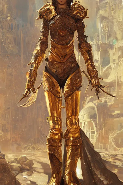 Image similar to portrait knights of Zodiac girl, golden and copper reflected armor, in ruined Agora of Athens, ssci-fi, fantasy, intricate, very very beautiful, elegant, highly detailed, digital painting, artstation, concept art, smooth, sharp focus, illustration, art by WLOP and tian zi and alphonse mucha