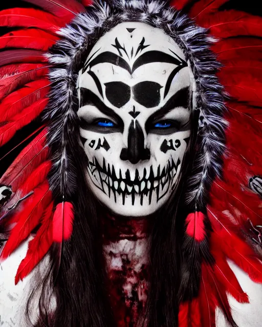 Image similar to the ghost - spirit of the grim - warpaint wears the scarlet skull armor and native blood headdress feathers, midnight fog - mist!, cinematic lighting, various refining methods, micro macro autofocus, ultra definition, award winning photo