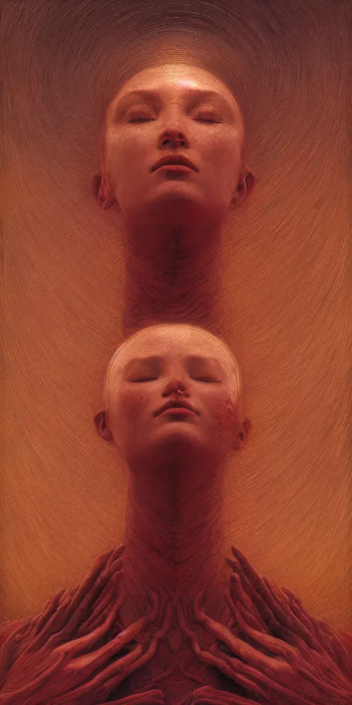 Image similar to Woman masterpiece, red, golden halo behind her head, by Edgar Maxence and Ross Tran, Zdzisław Beksiński, and Michael Whelan, distant, gustav dore, H.R. Giger, 8k, octane render