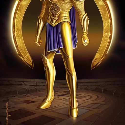 Image similar to A radiant, full body shot, photo of a 27-year-old Caucasian male wearing the Gemini Gold Armor, Beautiful gold Saint, Jaw-Dropping Beauty, gracious, aesthetically pleasing, dramatic eyes, intense stare, immense cosmic aura, from Knights of the Zodiac Saint Seiya, inside the Old Temple of Athena Greece, exquisite, art-gem, dramatic representation, hyper-realistic, live action, atmospheric scene, cinematic, trending on ArtStation, Pinterest and Shutterstock, photoshopped, deep depth of field, intricate detail, finely detailed, small details, extra detail, ultra detailed, attention to detail, detailed picture, symmetrical, octane render, arnold render, unreal engine 5, high resolution, 3D model, CGI, PBR, DAZ, path tracing, volumetric lighting, golden hour, 8k, Photoshopped, Award Winning Photo, groundbreaking, Deep depth of field, f/22, 35mm, make all elements sharp, at golden hour, Light Academia aesthetic and Socialist realism, by Annie Leibovitz