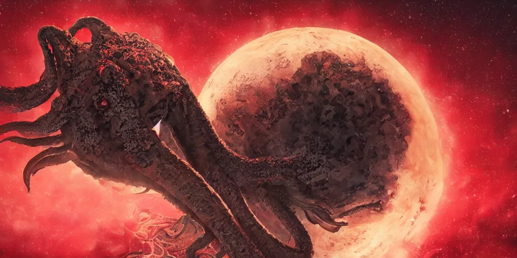 Image similar to giant <Cthulhu> tentacles silhouetted lunar surface crushing attacking red spaceship, bomber, photorealistic, wide-angle, long shot, epic, space, lunar photo backdrop on film