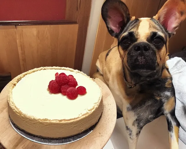 Image similar to 30-year-old dog eating cheesecake for his birthday, old, wrinkly, happy, festive, wholesome