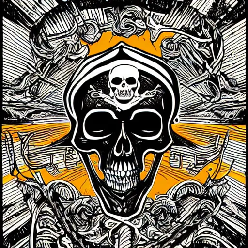 Prompt: a pirate flag, skull design for a rock band, art by Dan Mumford and Alex Pardee , intricate, D&D, dark fantasy,