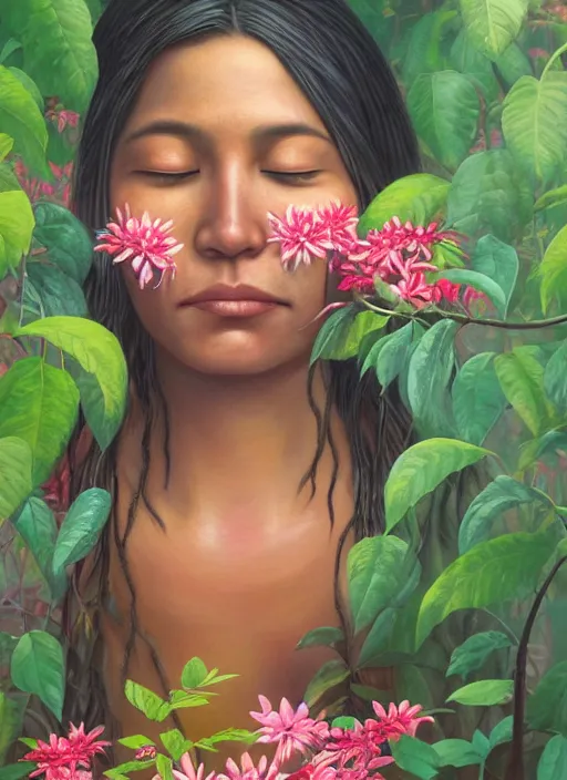 Image similar to a beautiful portrait of a smiling indigenous woman with eyes closed in the amazon jungle surrounded by pink calliandra angustifolia flowers, matte painting, by christophe vacher