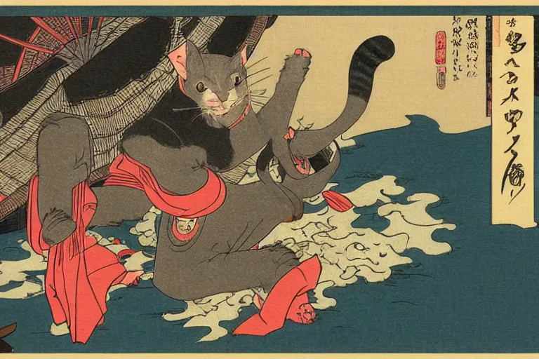 Prompt: cat attacking Tokyo, ukiyo-e print, masterpiece, masterwork, artstation