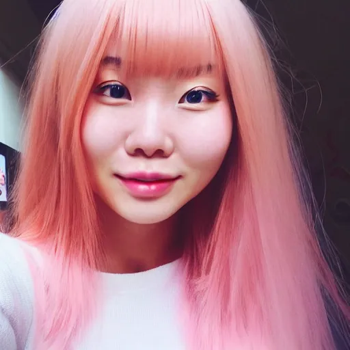 Image similar to beautiful hyperrealism selfie of nikki 苏 暖 暖 from shining nikki, a cute 3 d young woman smiling sofly, long light pink hair and full bangs, flushed face, blushing, small heart - shaped face, soft features, amber eyes, chinese heritage, golden hour, 8 k, sharp focus, instagram