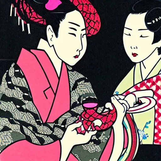 Image similar to Japanese beauty wrapped in a snake having tea with her husband by Toshio Saeki, high detailed