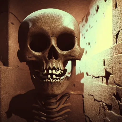 Image similar to smirking skeleton, deep in a dungeon. realistic, ray tracing, render 3 d, artstation, masterpiece, hyper realism, sharp focus, dramatic ambient light, close up, cinematic, octane render