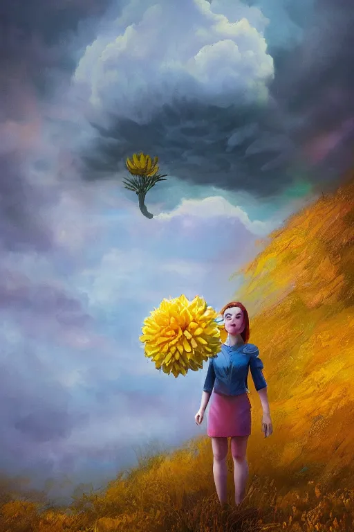 Image similar to closeup girl with huge yellow dahlia flower face, intricate, standing on mountain, surreal photography, blue storm clouds, dramatic light, impressionist painting, digital painting, artstation, simon stalenhag