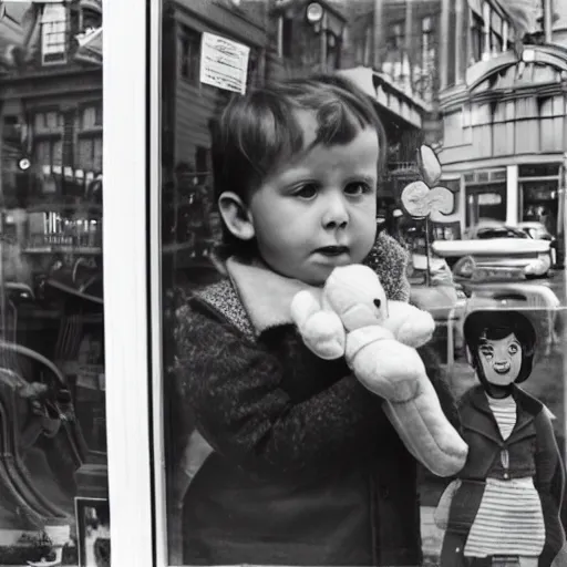 Prompt: black and white photography of vivian maier's reflexion in the front glass of a toys shop, by vivan maier