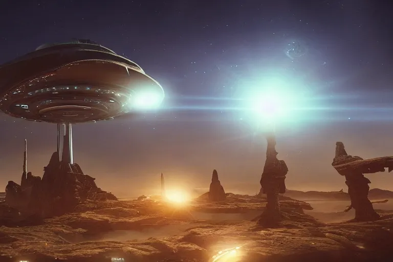 Prompt: an elegant alien ship flies near an outpost with tall detailed structures covered with lights in the night sky on an alien planet, incredible detail, cinematic lens flare, ultrarealistic!!!