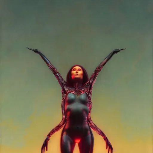 Image similar to Wanda Maximoff, dynamic pose, glowing, wires everywhere, by Edgar Maxence and Ross Tran, Zdzisław Beksiński, and Michael Whelan, distant, gustav dore, H.R. Giger, 8k, octane render