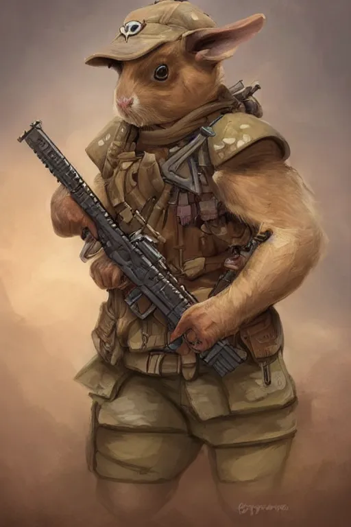 Image similar to cute little anthropomorphic Guinea Pig Army Ranger, wielding an M4, tiny, small, short, Desert camouflage, cute and adorable, pretty, beautiful, DnD character art portrait, matte fantasy painting, DeviantArt Artstation, by Jason Felix by Steve Argyle by Tyler Jacobson by Peter Mohrbacher, cinematic lighting