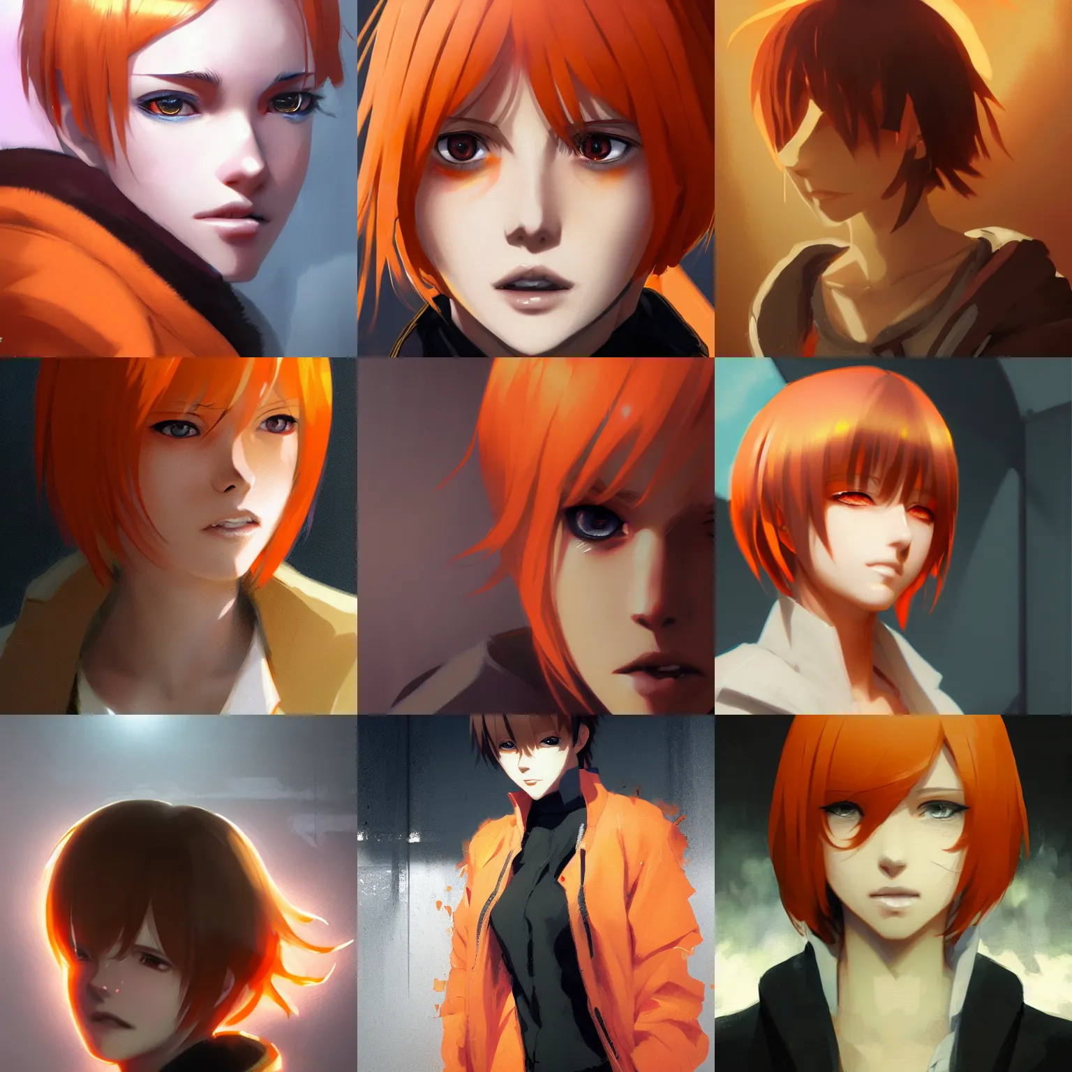 Prompt: Semi-realistic Anime Teen Character close up, light-Orange Gradient short Hair, black and orange coat, orange pupils, backroom background, art by greg rutkowski