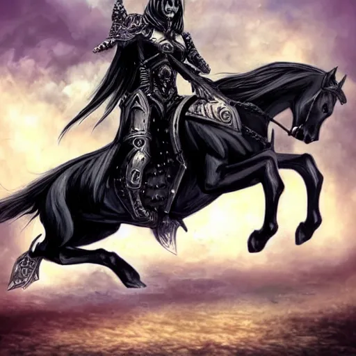 Prompt: a death knight astride a black horse