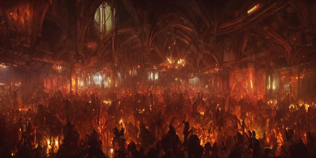 Interior of a crowded fantasy medieval night club