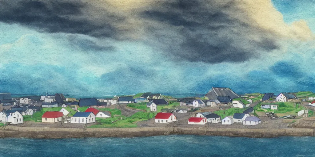 Image similar to a beautiful painting of a icelandic fishing village, storm clouds gathering over the town, by studio ghibli 8 k pastel colours, isometric drone shot smeared watercolours, golden light film grain