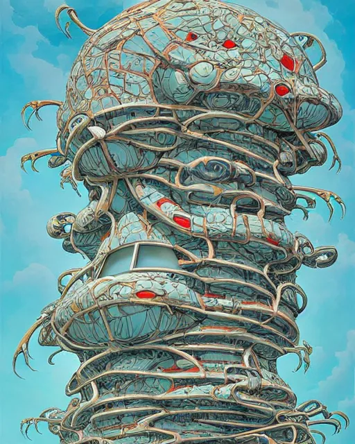 Prompt: Twisting alien architecture, james jean and chris mars