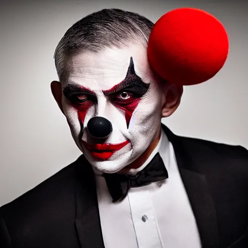 Image similar to UHD candid photo of Anthony Fauci dressed as a hitman, wearing accurate clown makeup, accurate face, UHD, photorealistic, correct face, photo by Annie Leibowitz
