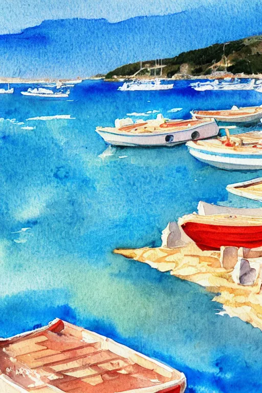 Image similar to watercolor painting of realistic adriatic coast, summer period with boats, watercolor, tonal colors, natural lighting, blue.