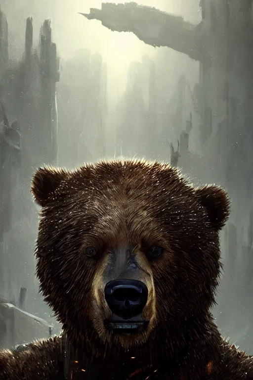 Image similar to a portrait of a cyborg Bear by Greg Rutkowski, Sung Choi, Mitchell Mohrhauser, Maciej Kuciara, Johnson Ting, Maxim Verehin, Peter Konig, final fantasy , mythical, 8k photorealistic, cinematic lighting, HD, high details, atmospheric,