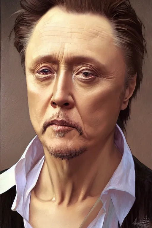 Prompt: portrait of christopher walken with an eyebrow ring and goatee, masterpiece painting by artgerm and greg rutkowski and alphonse mucha